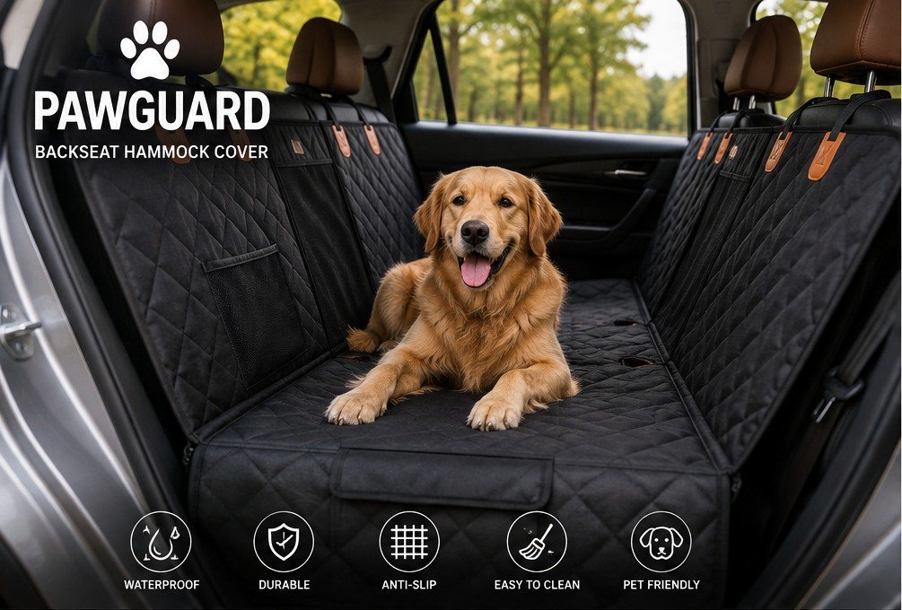 Golden retriever riding inside the installed PAWGUARD backseat hammock cover